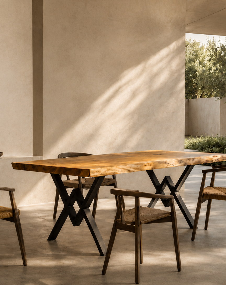 A Kayuko live-edge Suar dining table on a blackened steel X base, standing in a sunlit limestone room that opens onto an olive garden