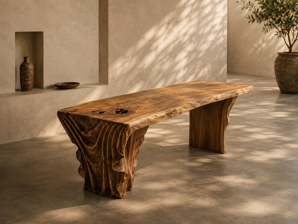 The Cataract — a Suar dining table carried on a base carved into fluted folds, dark voids set into the top