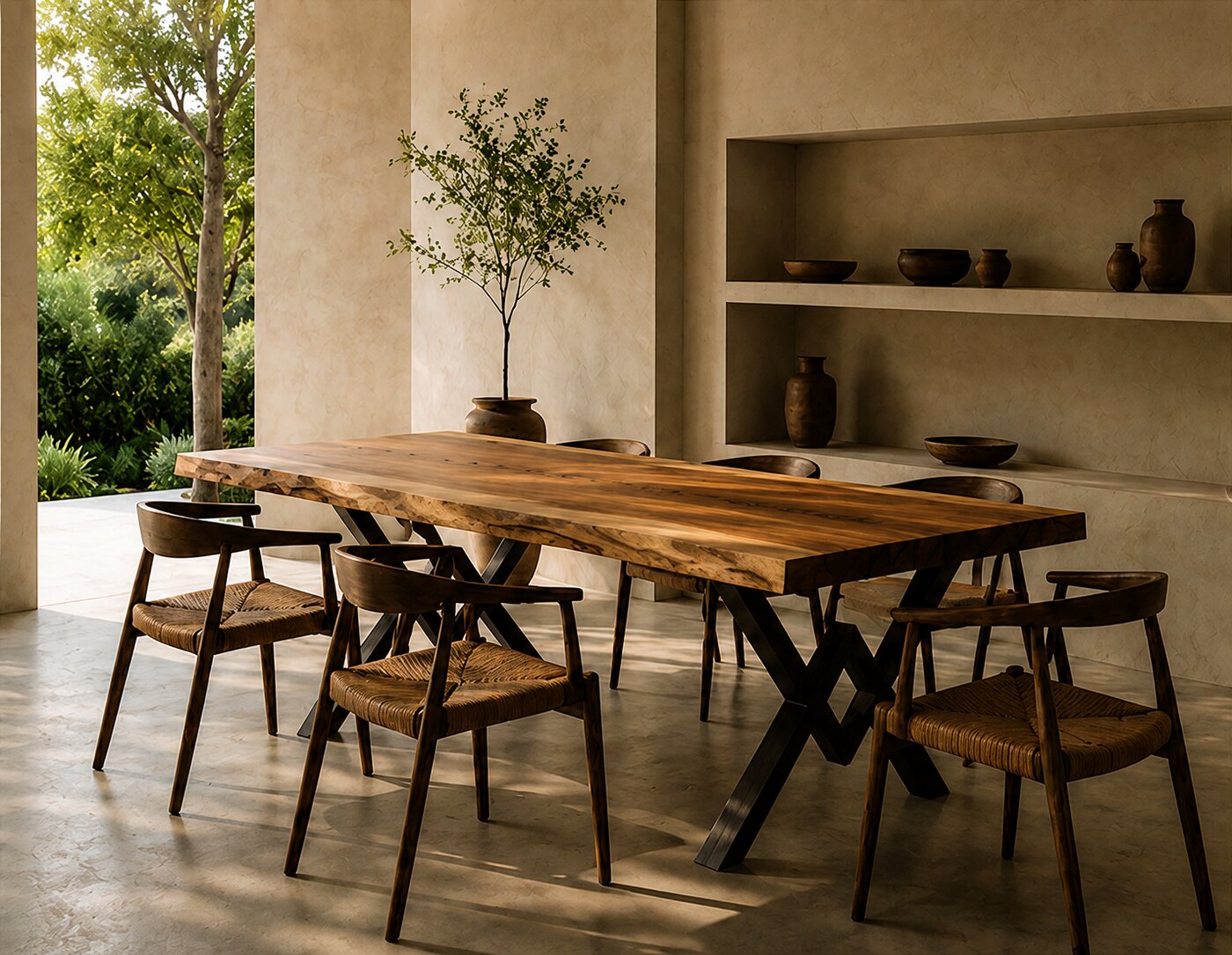 A live-edge Suar dining table on blackened steel X-frames in a limestone room, woven chairs drawn up to it, an olive tree and a plaster alcove of pottery behind