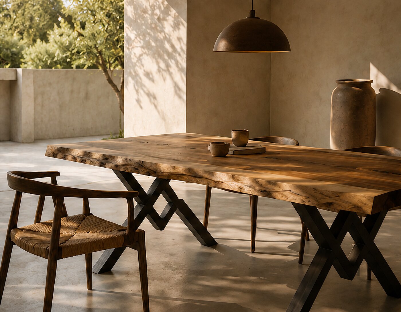 A live-edge Suar dining table under a bronze pendant, set against warm plaster in low afternoon light