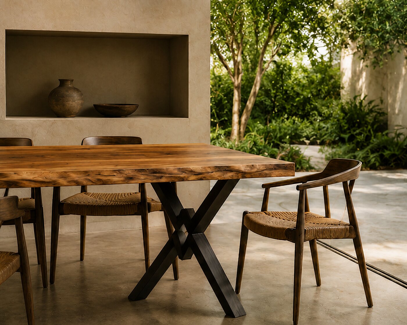 A Suar table before an open wall of dense green garden, the trees of the tropics behind it