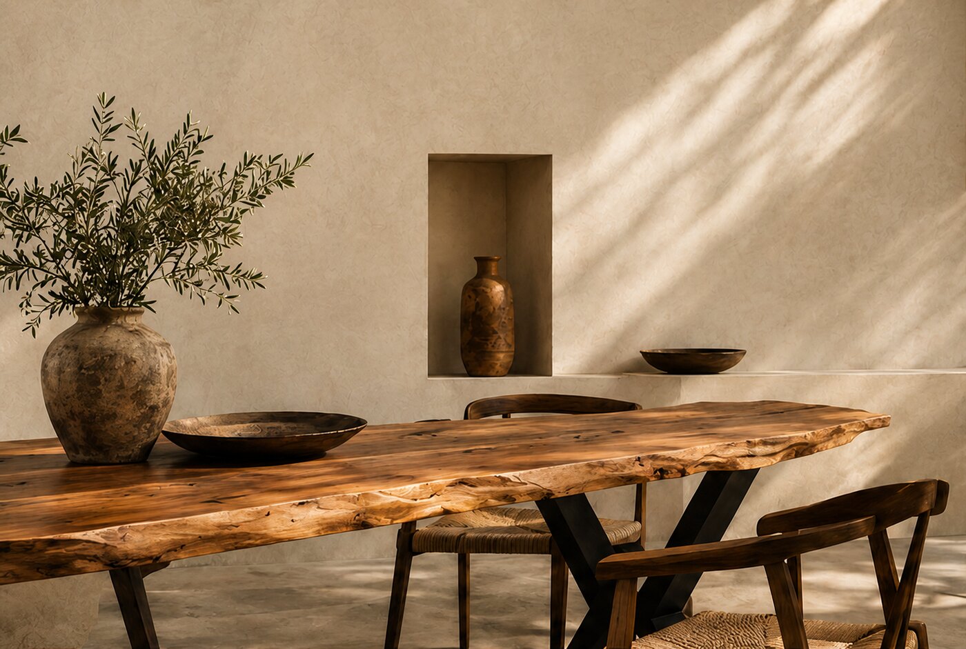 A live-edge dining table in a plaster room, a vase of olive branches on it and afternoon shadows across the floor.