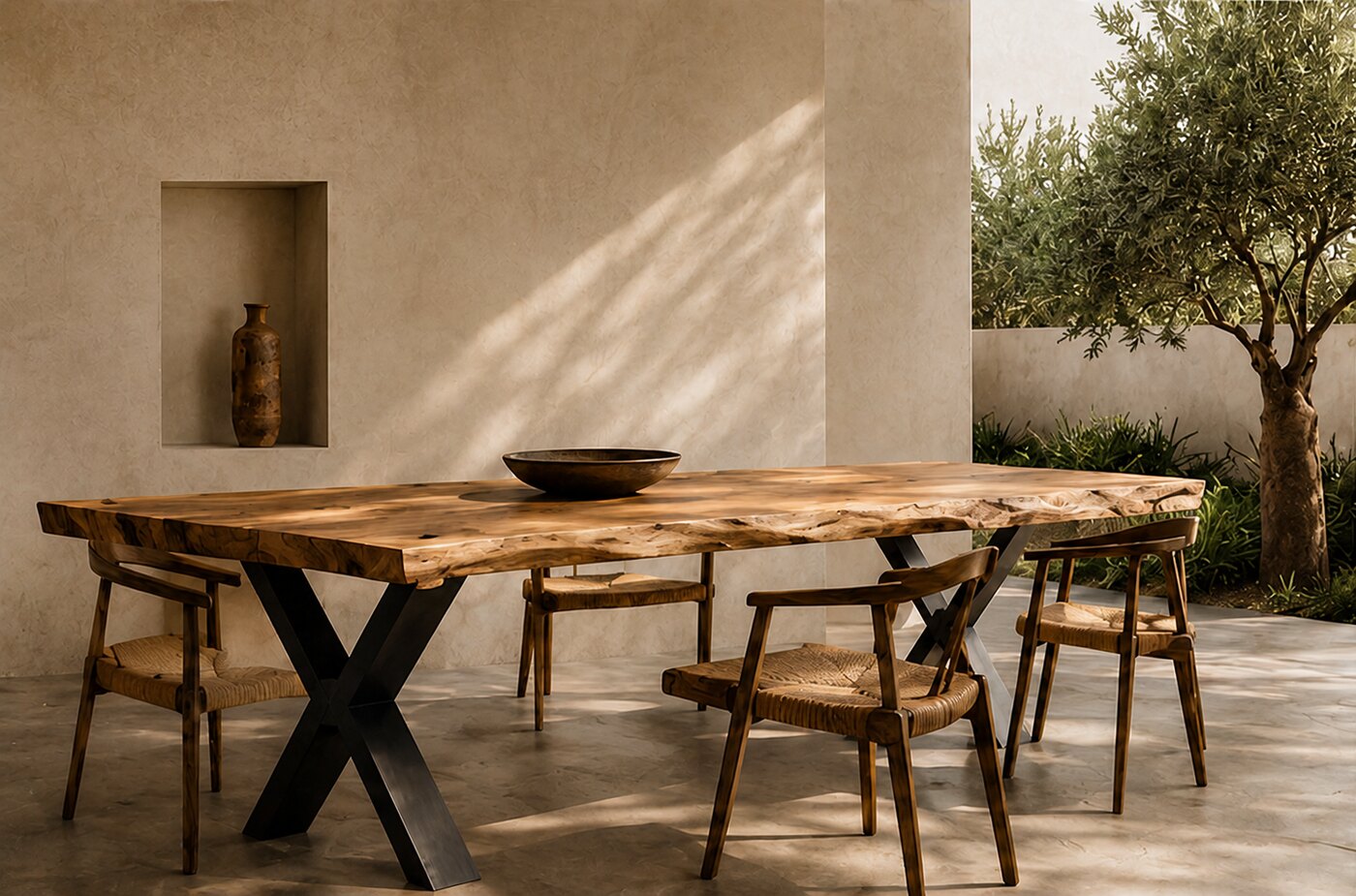 A finished Suar table standing in a quiet plaster room