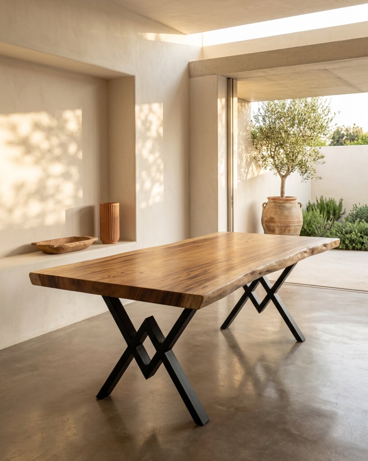 The Estuary — a honeyed live-edge Suar dining table on blackened steel X-frames, standing in a sunlit plastered room with an olive tree beyond the opening