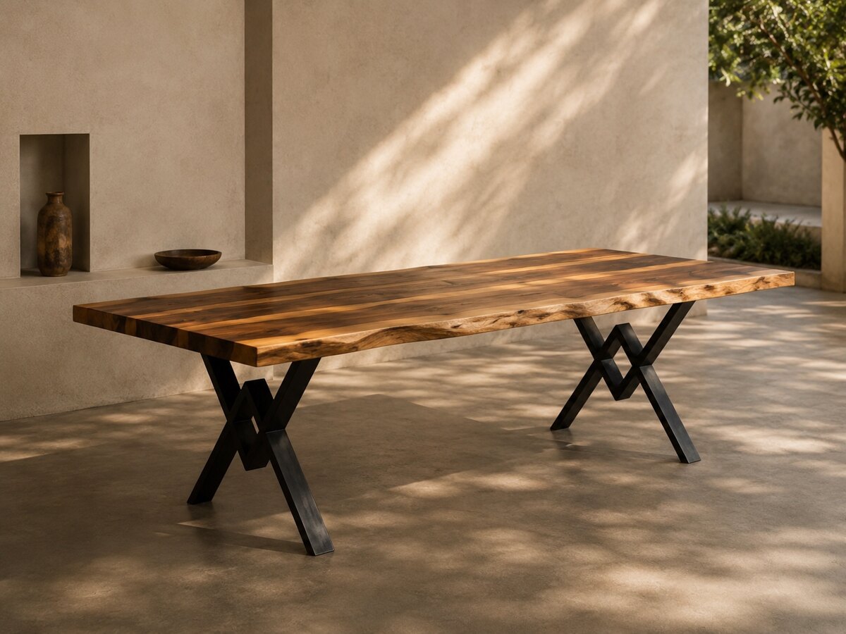 The Highland — a walnut dining table of jointed live-edge boards, each pale sapwood edge running down the top