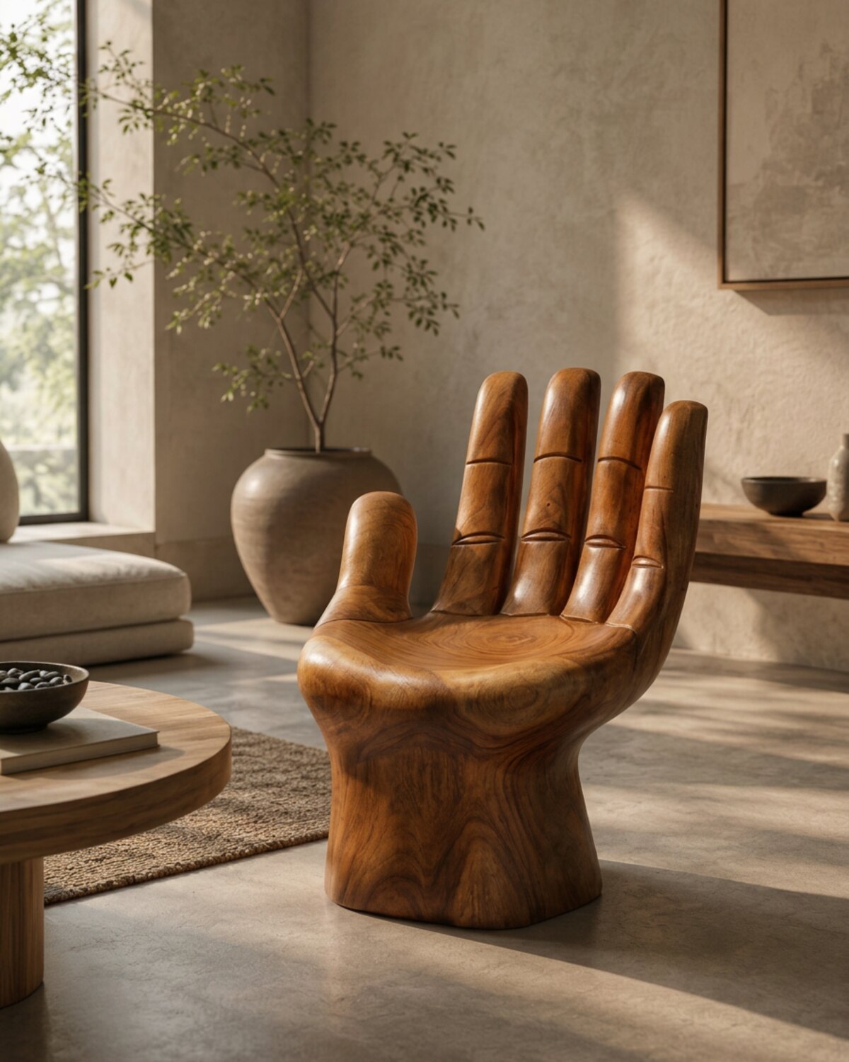 The Mudra — an open hand carved from a single block of Suar, standing on a concrete floor in a sunlit plastered room