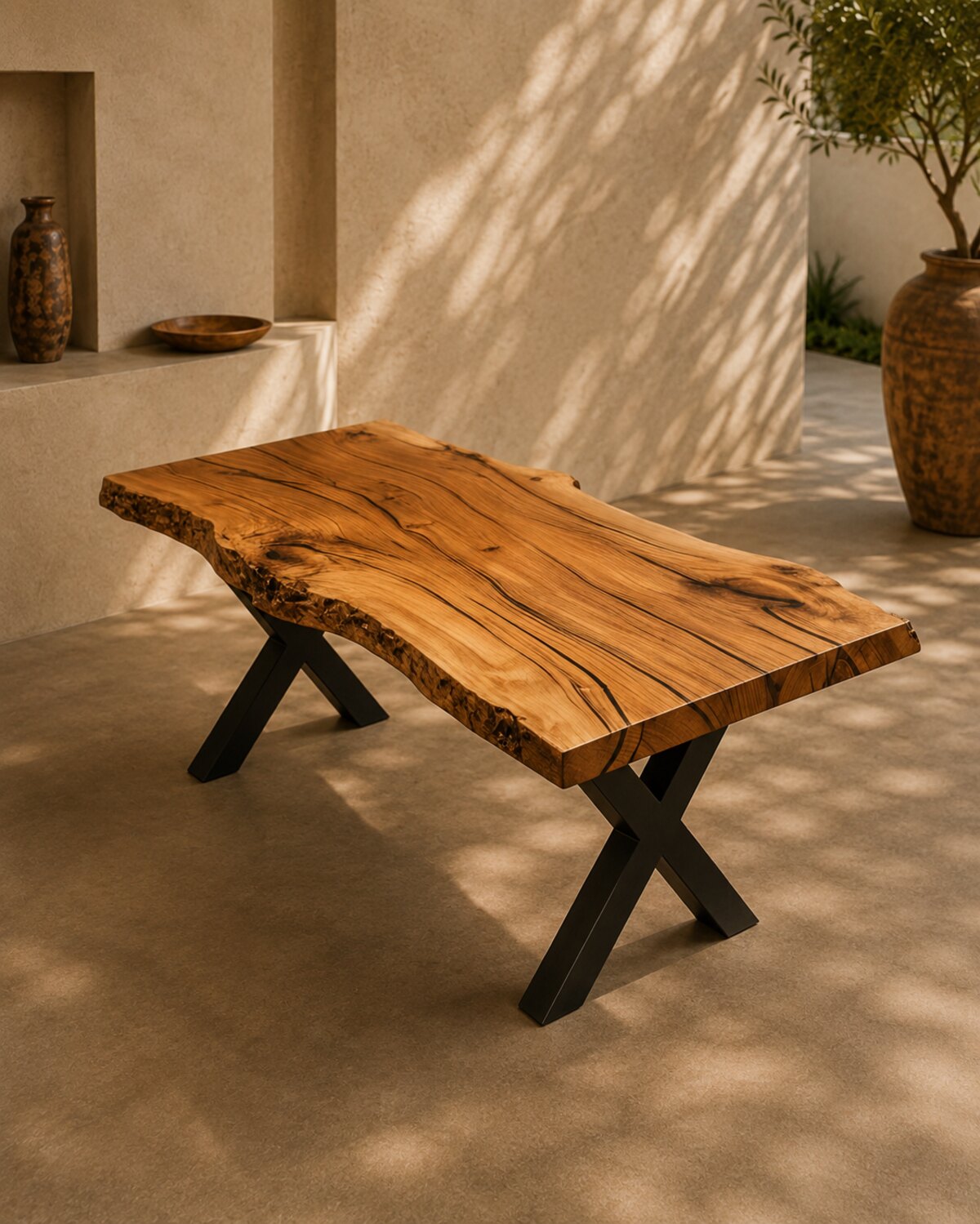The Riverbed — a solid oak dining table, its fissures filled level with clear resin, on a blackened X-frame