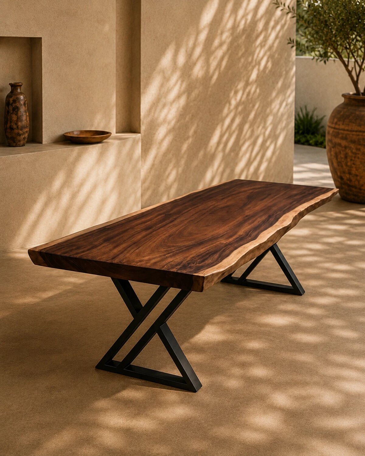 The Tempest — a near-black Suar dining table on a blackened steel X-frame, the surface holding the light