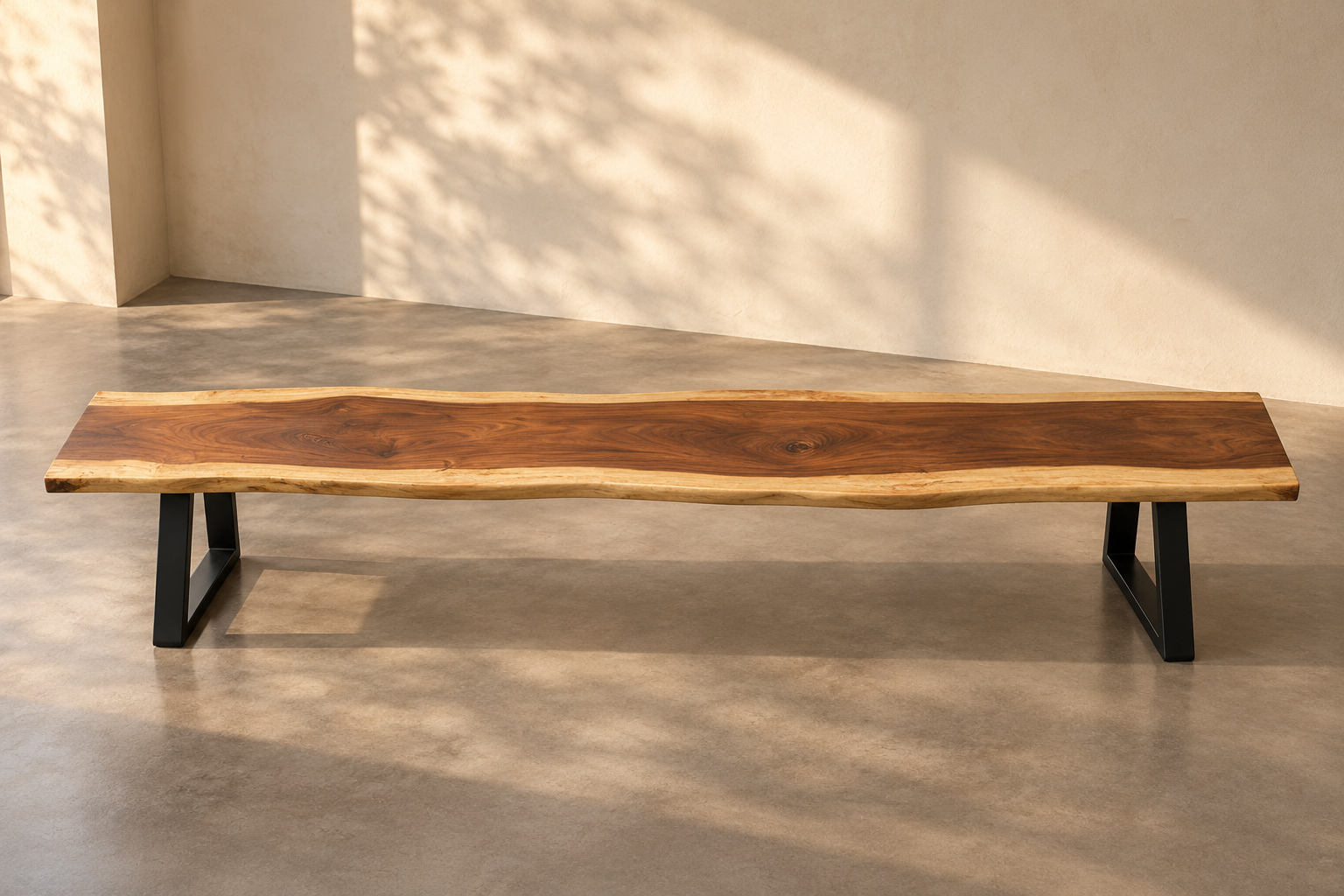 The single live-edge suar slab on the 250 cm Estuary bench, viewed from above